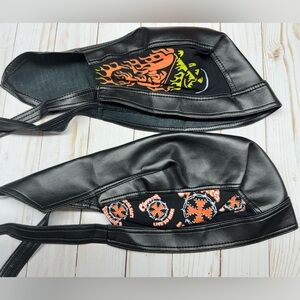 Two Biker Faux Leather Skull Caps Head Wrap Durag Bandana Flydanna Headgear
